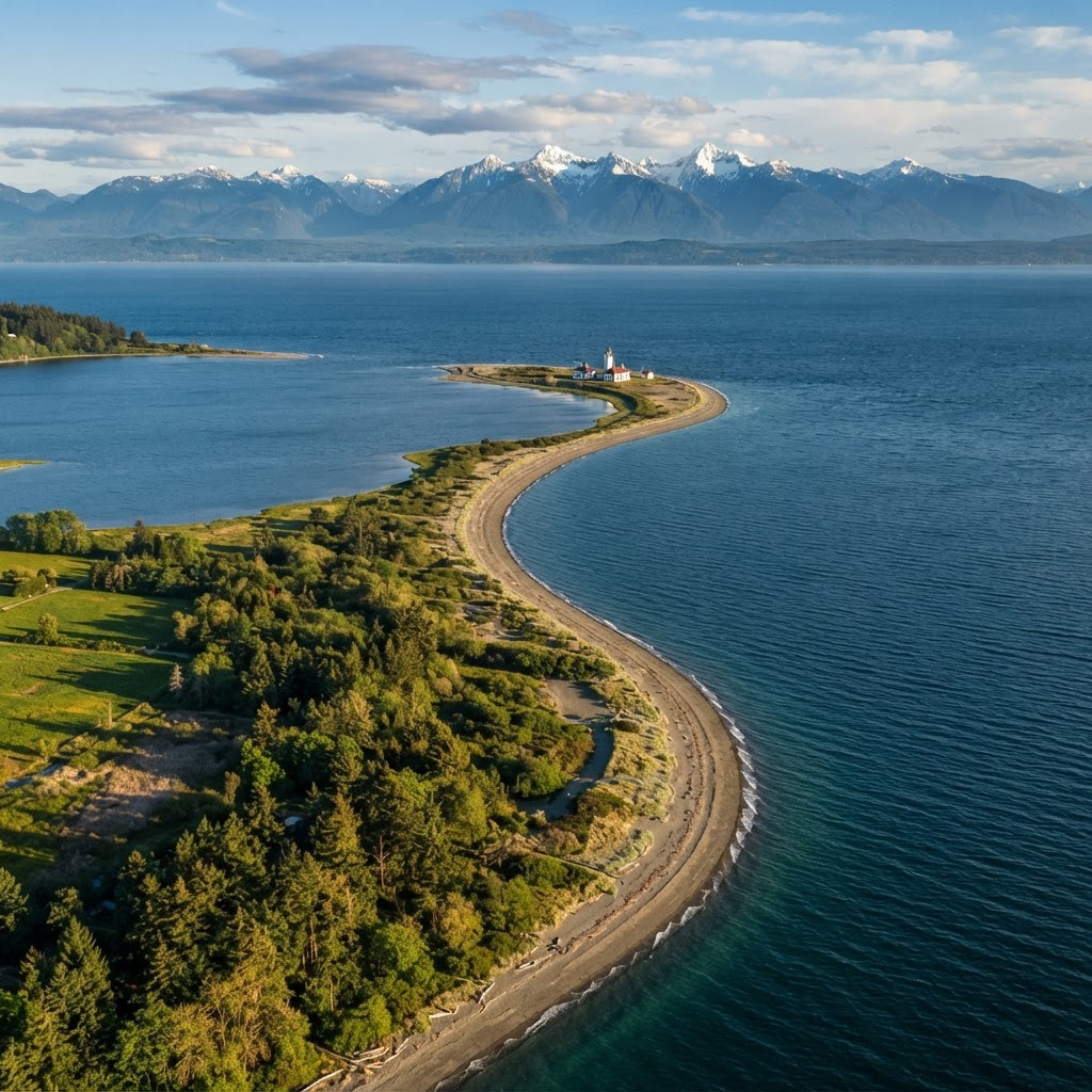 Aerial view of Dungeness Spit near Sequim, Washington from the Living in Sequim YouTube channel