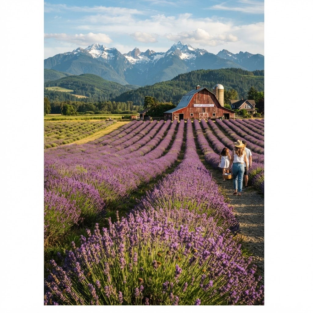 A lavender farm in bloom near Sequim, Washington with the Olympic Mountains in the distance